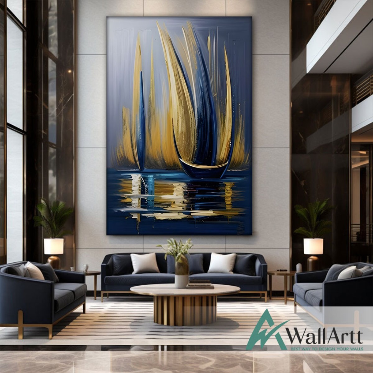 Navy Gold Boats Textured Partial Oil Painting - Wall Art